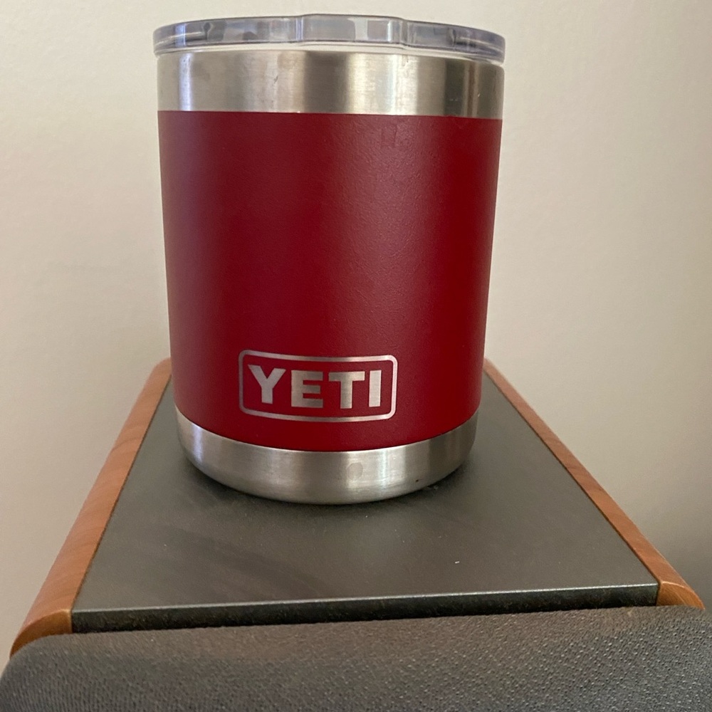 Yeti Red and Silver Tumbler with Stainless Steel Accents